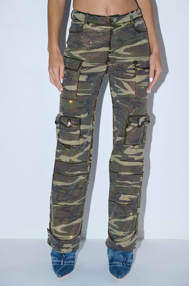 Front View Down And Dirty Camo Wide Leg Rhinestone Cargo Pant