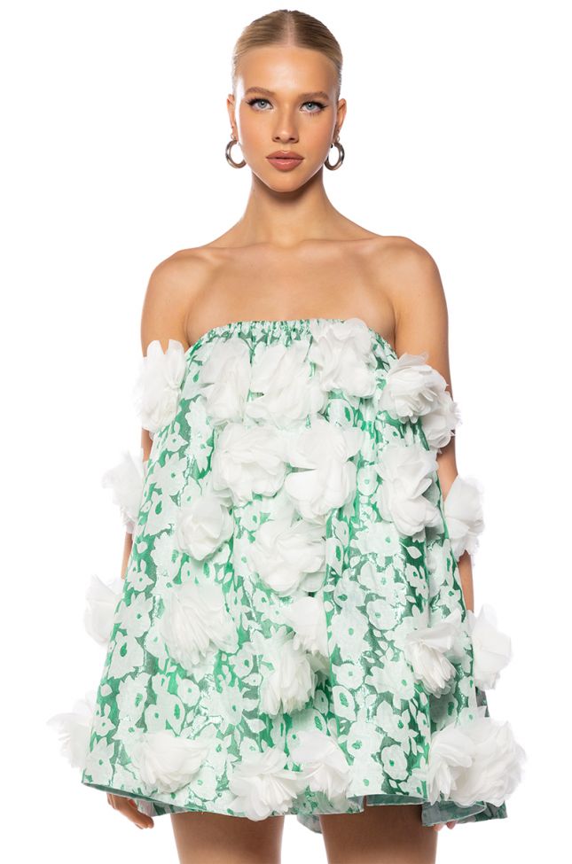 Front View Dramatic Floral Puff Detail Strapless Mini Dress