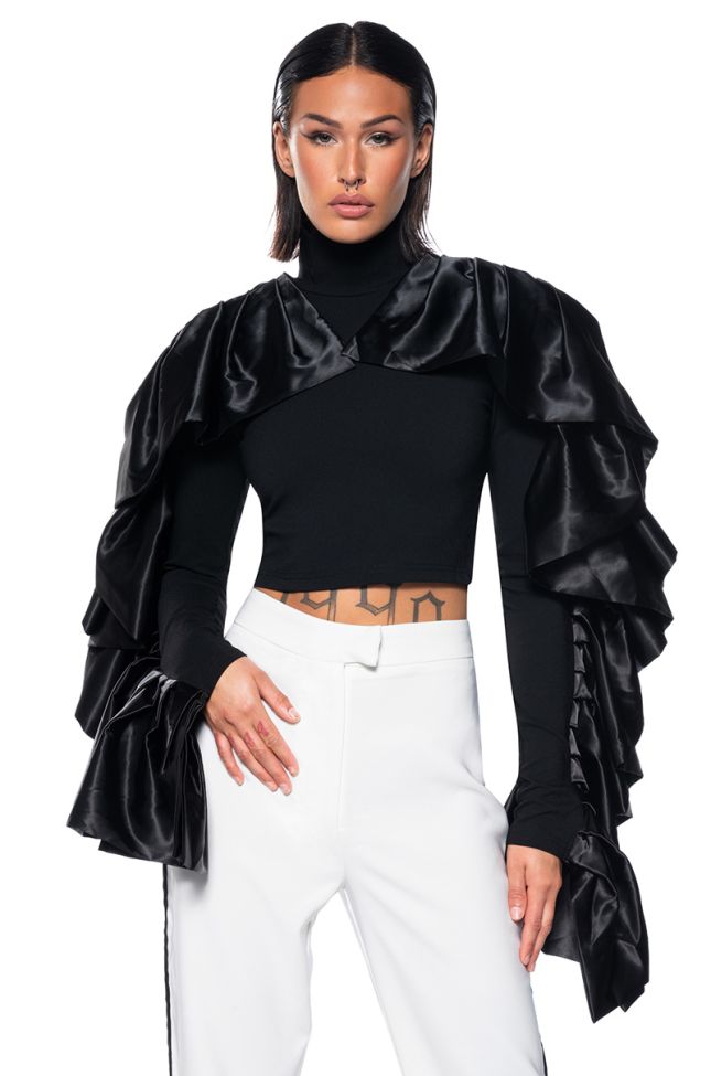 Front View Dramatic Ruffle Sleeve Mock Neck Top