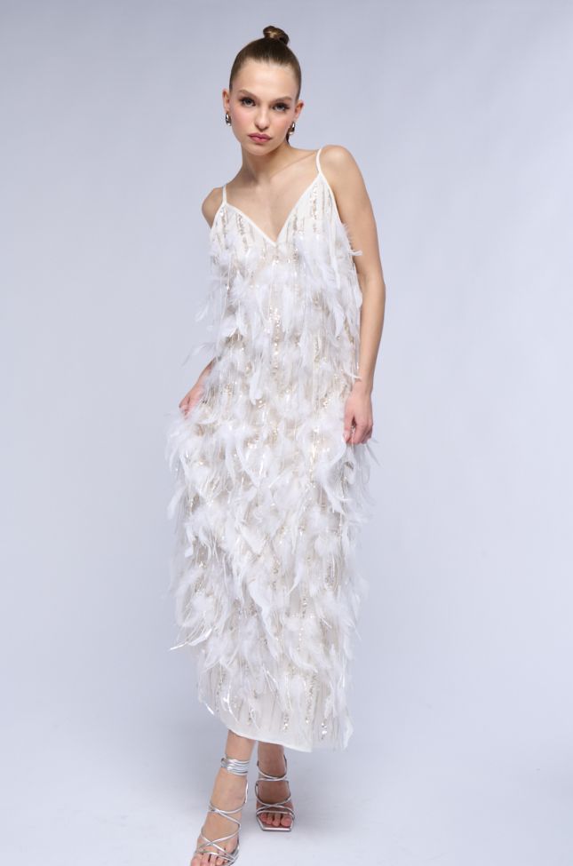 Front View Dream Girl Feather Embellished Maxi Dress