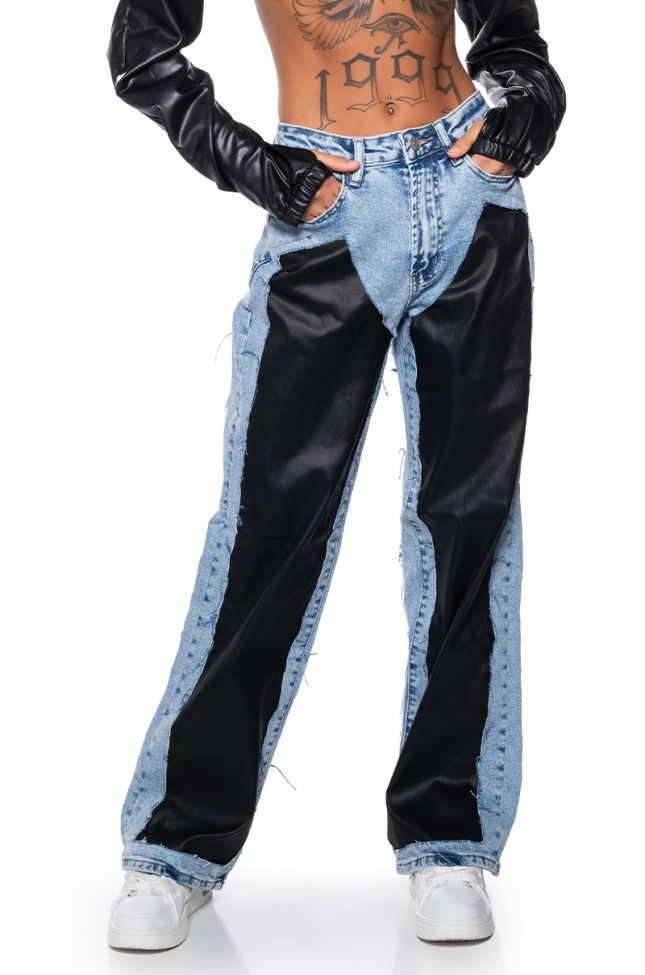 Front View Dream On Coated Denim Mid Rise Straight Leg Jeans