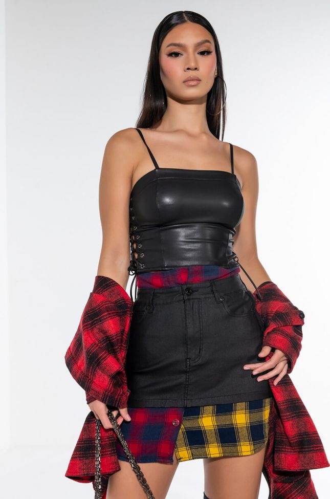 Extra View Dreaming Big Plaid Detail Faux Leather Mini Skirt