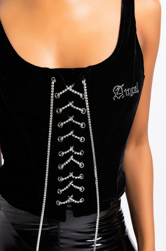 Detail View Dreamland Lace Up Velvet Corset Top in Black