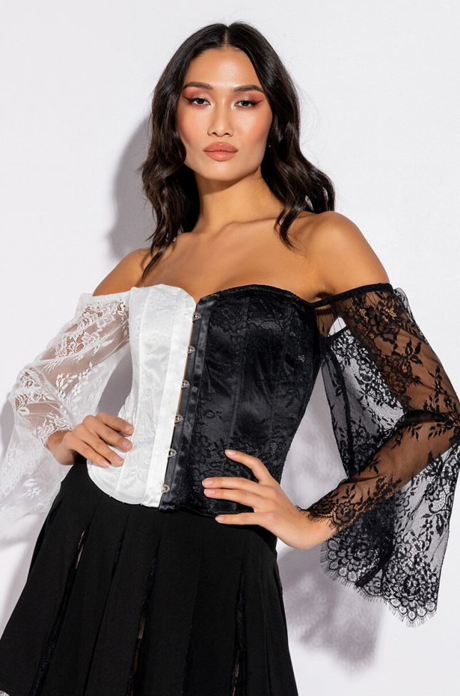 Front View Dreamy Off The Shoulder Lace Corseted Blouse