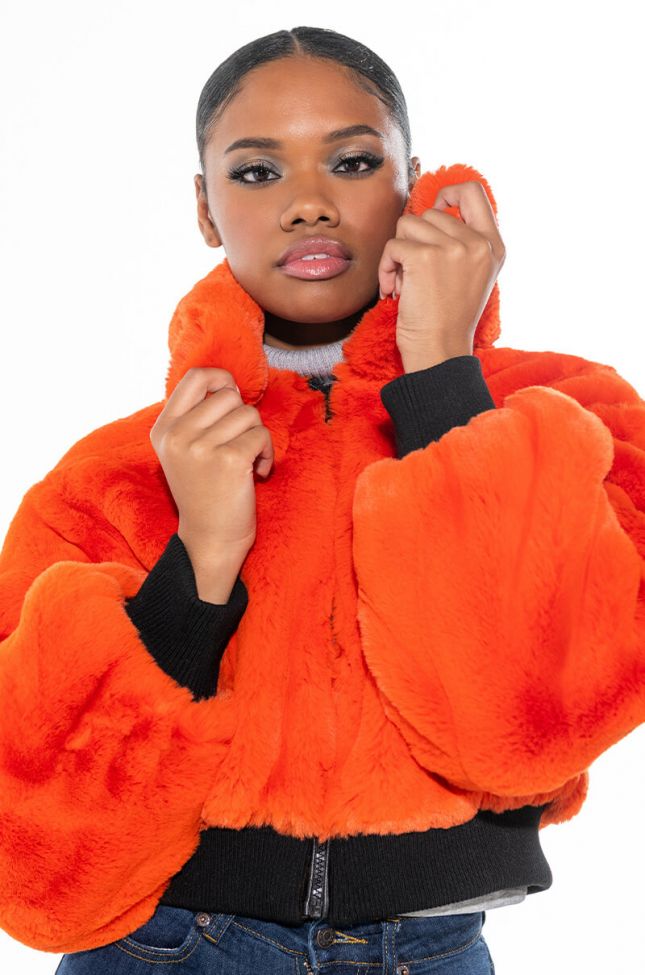 Front View Drew Faux Fur Bomber With Rib Trim
