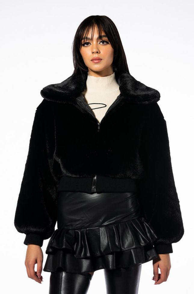 Front View Drew Faux Fur Bomber With Rib Trim