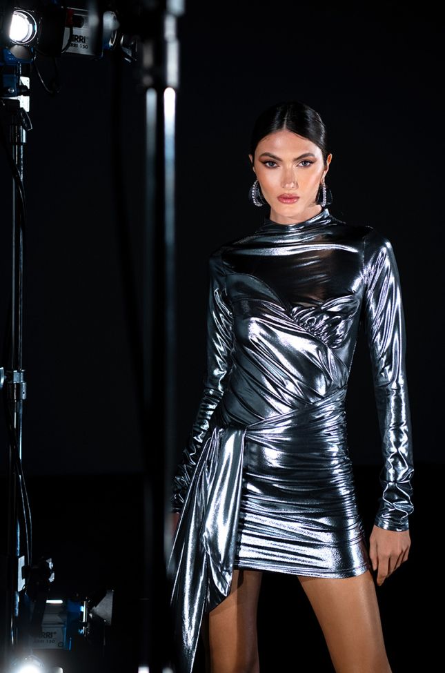 Extra View Dripped In Chrome Ruched Mini Dress