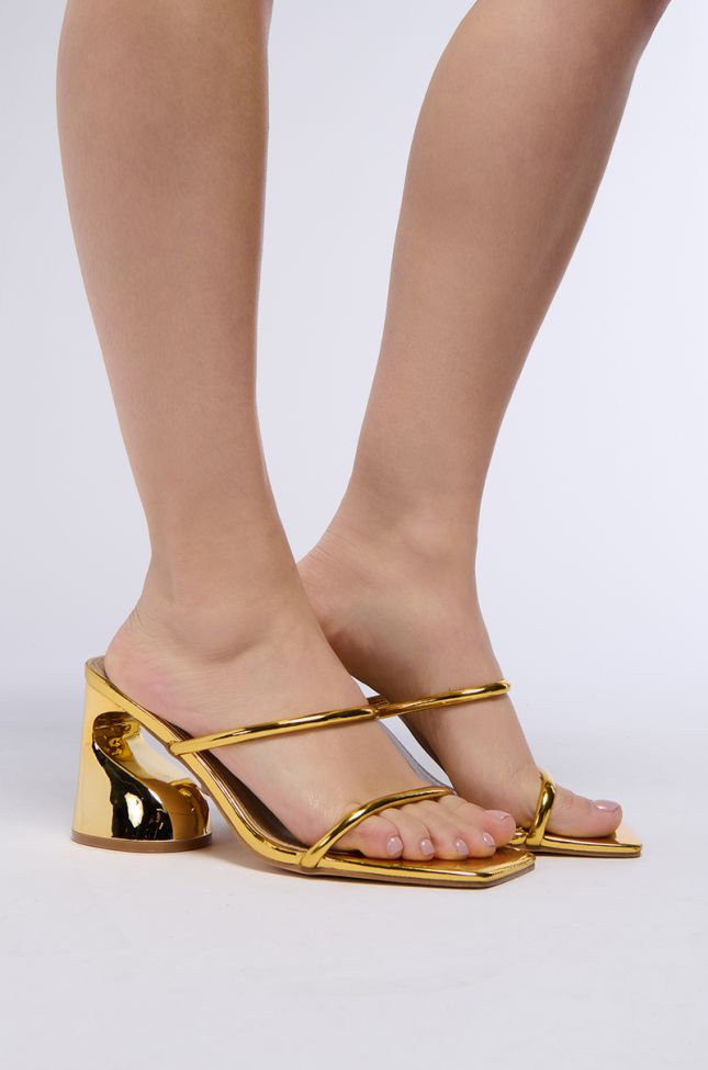 Front View Dune Gold Strappy Abstract Wedge Heel Sandal