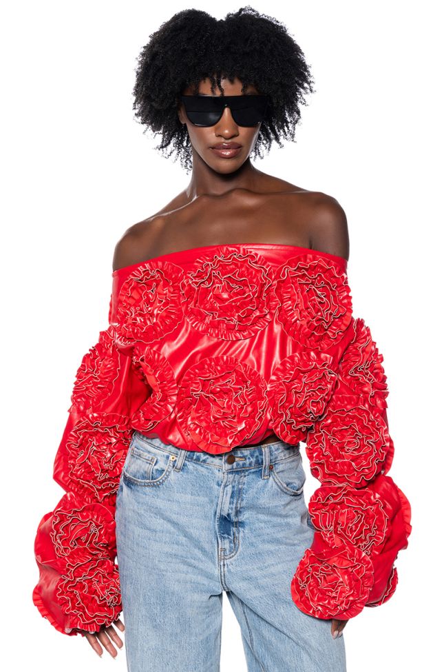 Front View Easy Faux Leather Floral Off The Shoulder Sweatshirt