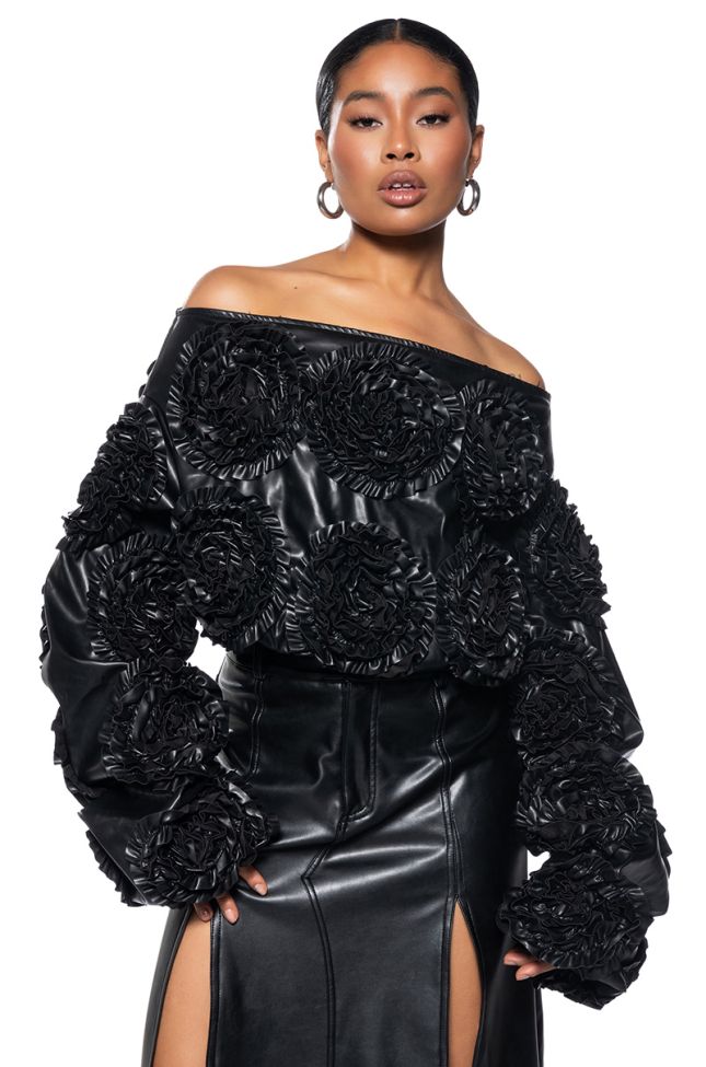 Front View Easy Faux Leather Off The Shoulder Sweatshirt