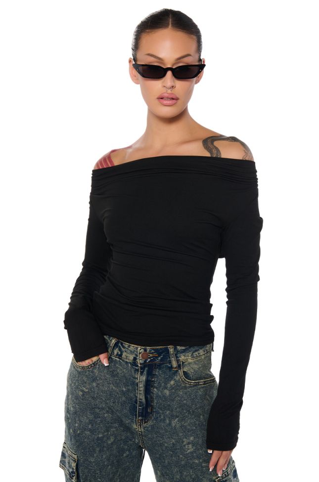 Front View Easy Off The Shoulder Long Sleeve Tie Back Top