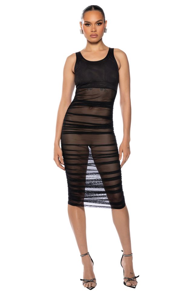 Front View Echo Mesh Ruched Sleeveless Midi Dress In Black