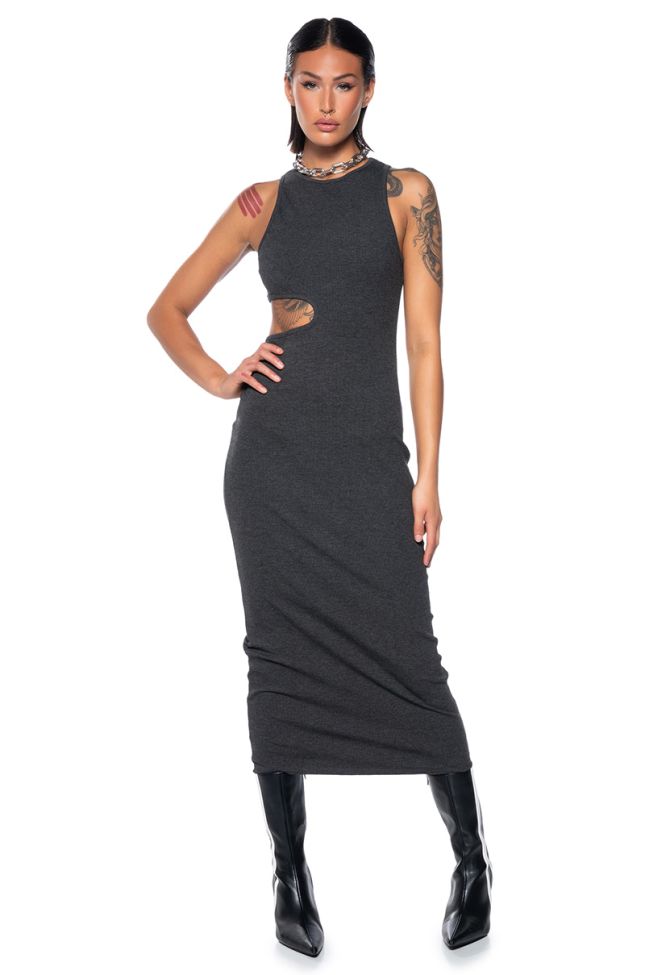Front View Effortless Win Side Cutout Midi Dress In Charcoal