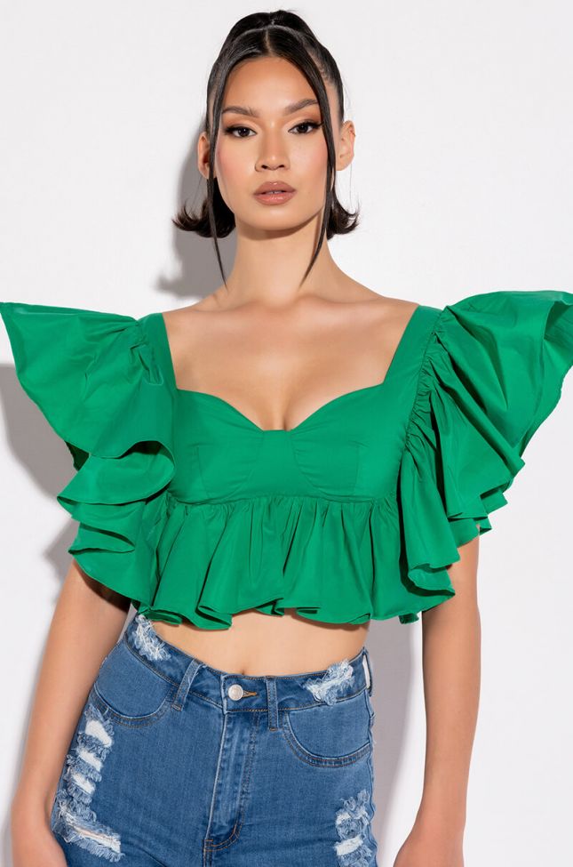 Front View Elated Ruffle Sleeve Cropped Blouse