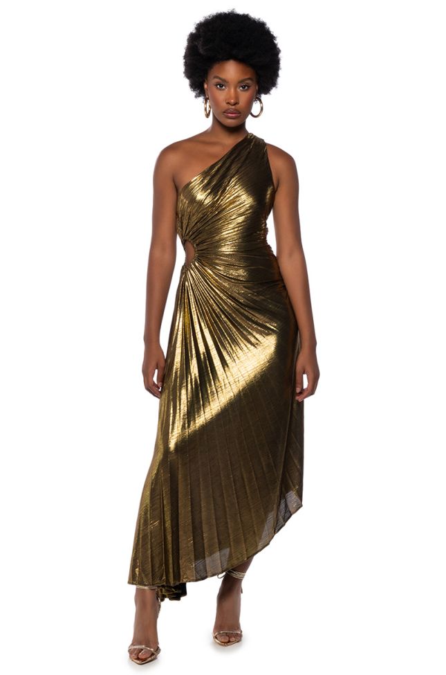Front View Elevate Me Pleated Cut Out Metallic Midi Dress In Brown