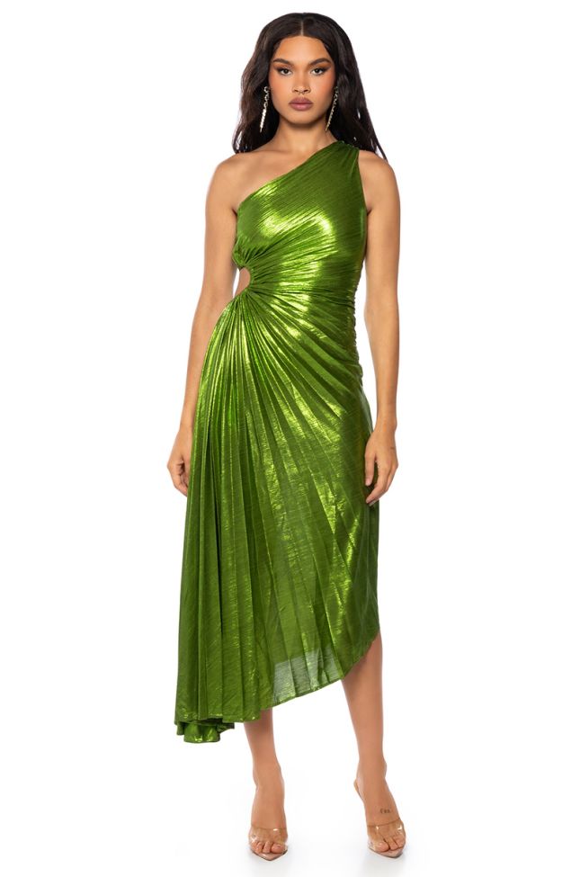Front View Elevate Me Pleated Cut Out Metallic Midi Dress In Green