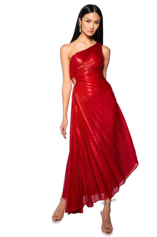 Front View Elevate Me Pleated Cut Out Metallic Midi Dress In Red