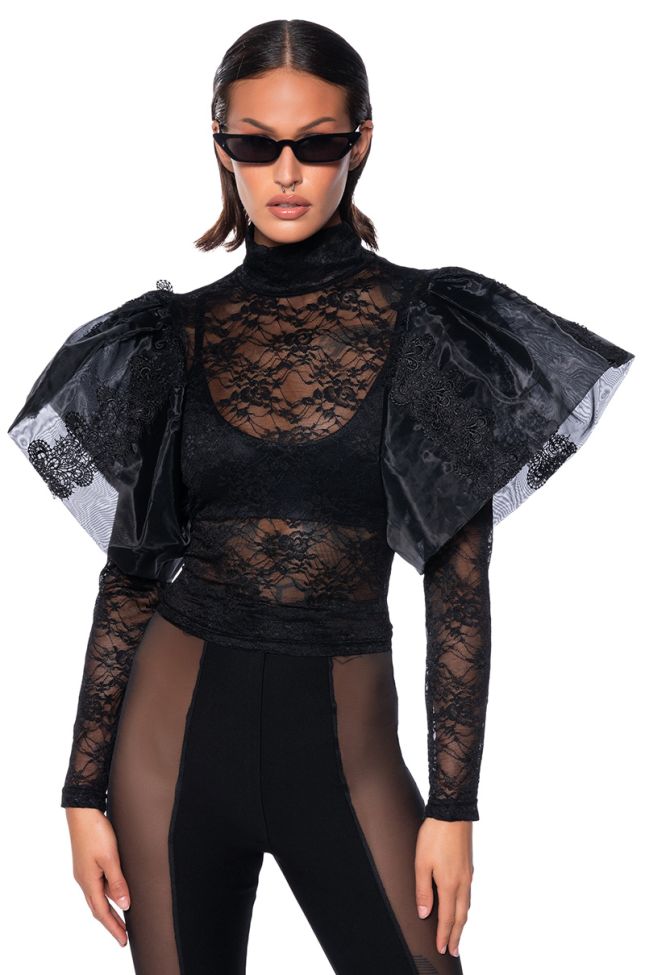 Front View Elevate My Mind Flounce Tulle Shoulder Blouse