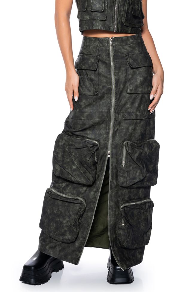 Back View Elisia Distressed Faux Leather Cargo Maxi Skirt