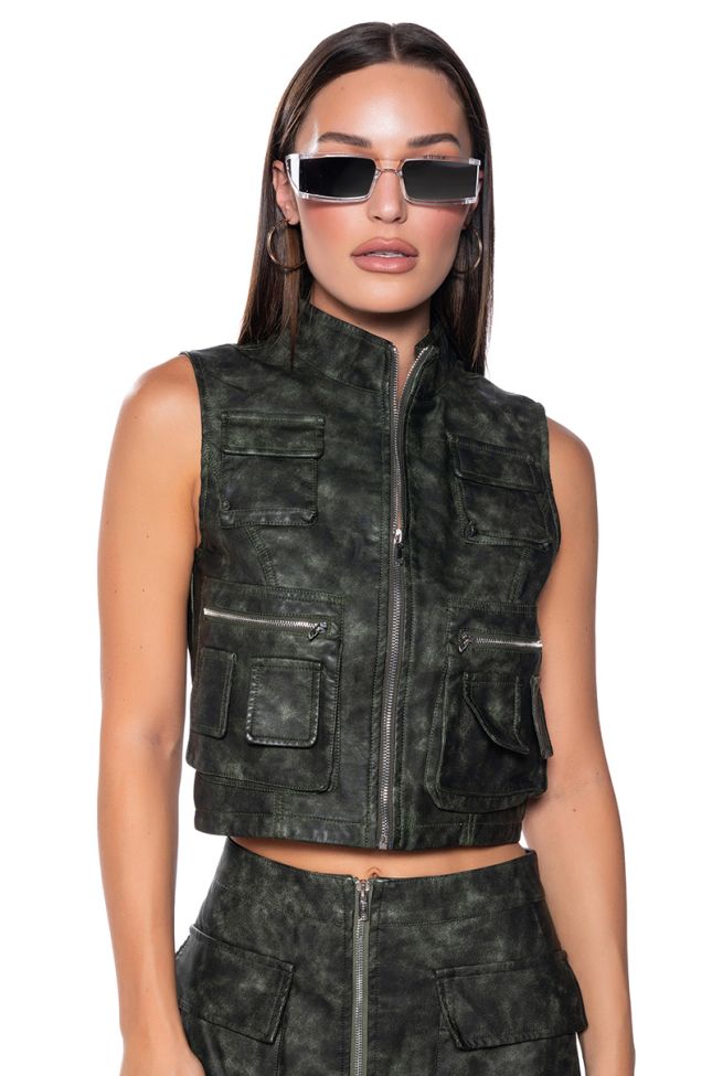 Front View Elisia Distressed Faux Leather Cargo Zip Top