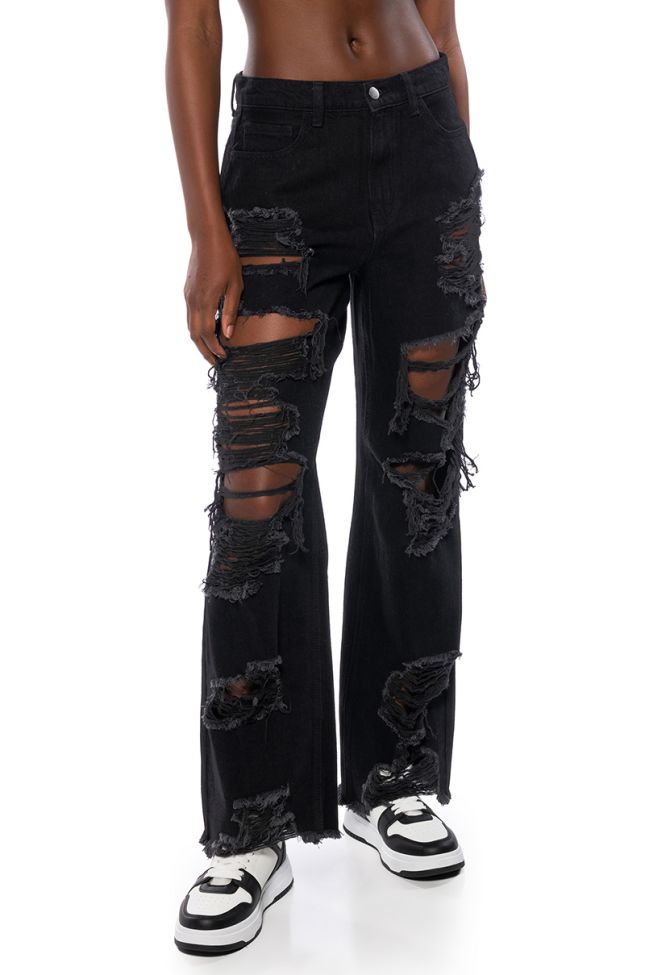 Front View Ella Bella High Rise Wide Leg Distressed Jeans In Black