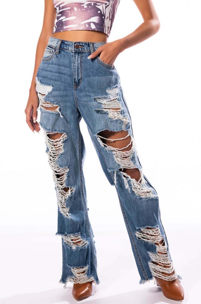Front View Ella Bella High Rise Wide Leg Distressed Jeans