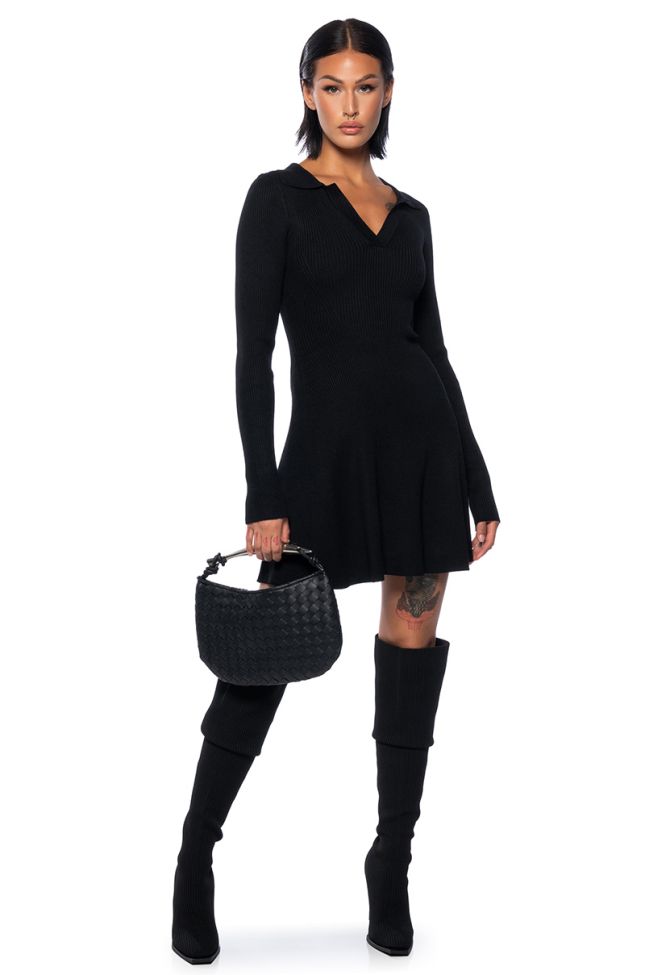 Side View Ella Sweater Knit Collared Mini Dress In Black