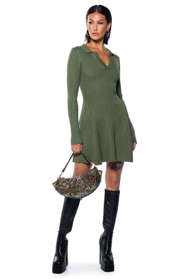 Side View Ella Sweater Knit Collared Mini Dress In Olive Green