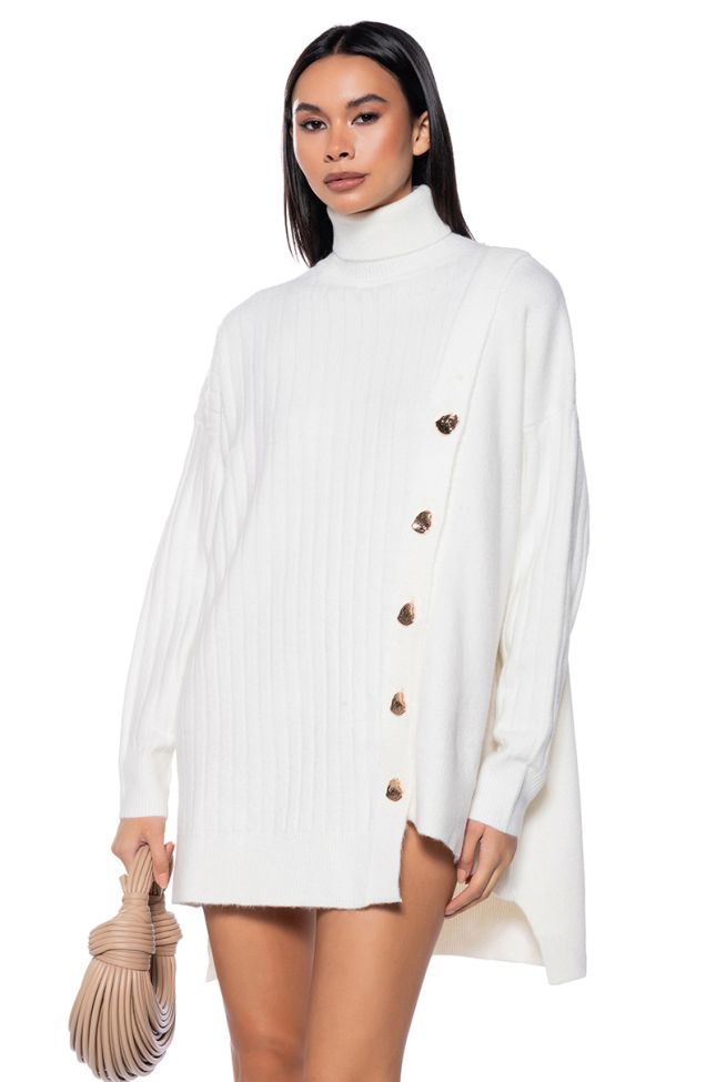 Front View Ellis Oversized Button Detail Open Side Sweater In White