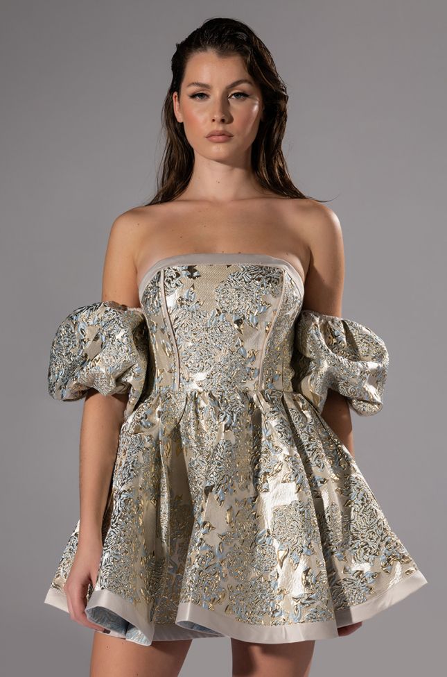 Front View Eloise Off The Shoulder Brocade Mini Dress