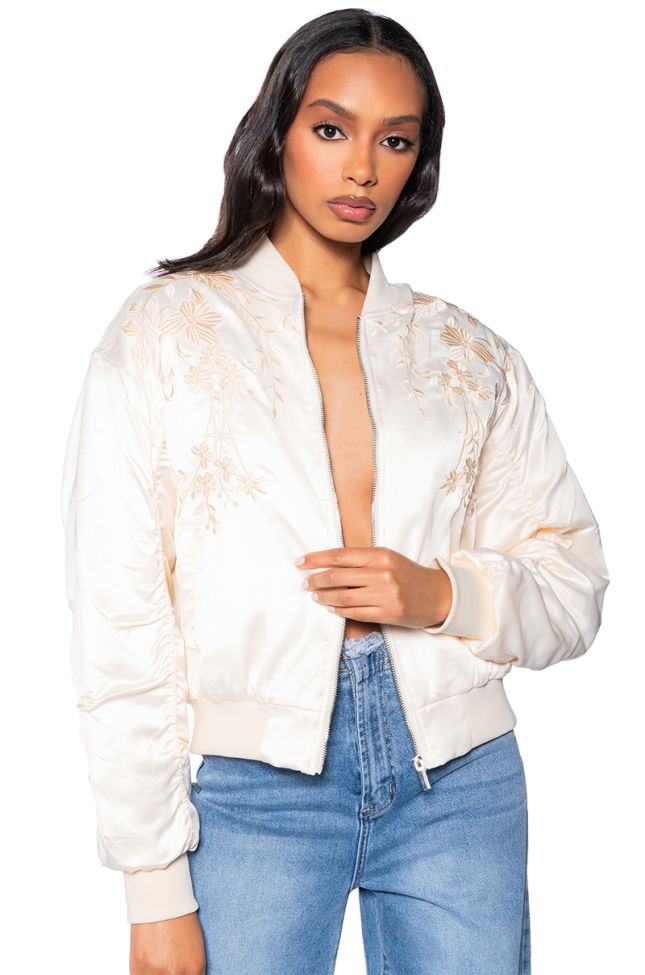 Side View Embroidered Monotone Oversize Bomber