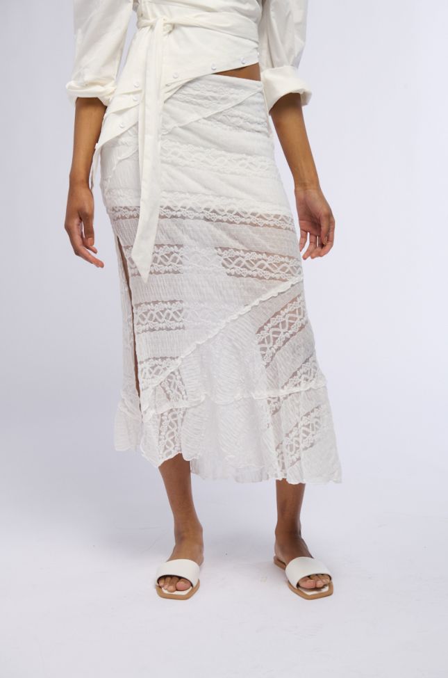 Front View Emelia Lace Trim Tiered Midi Skirt