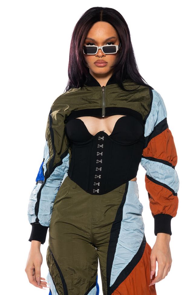 Side View Enjoy The Ride Multi Colored Crop Bomber