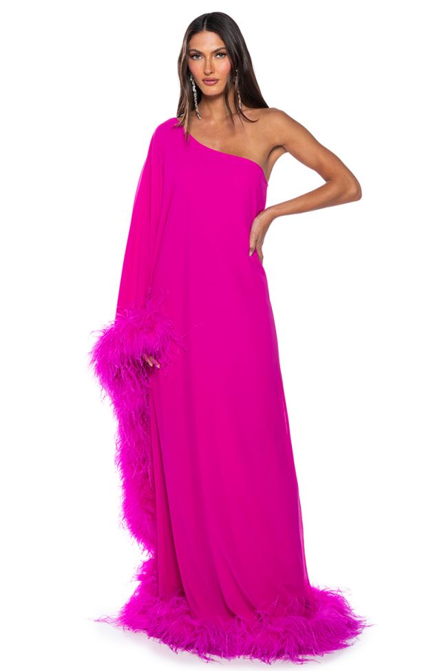 Front View Enticing One Shoulder Feather Maxi Dress In Fuchsia