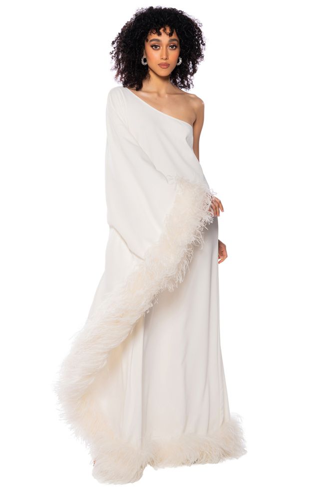 ENTICING ONE SHOULDER FEATHER MAXI DRESS IN WHITE