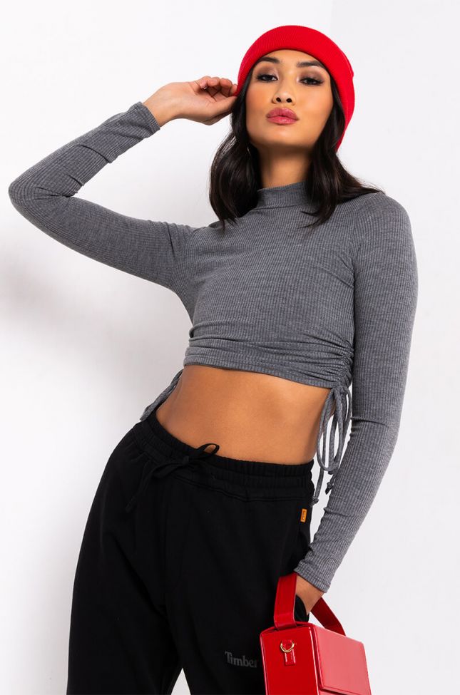 Front View Essential Af Side Tie Mock Neck Ribbed Top in Charcoal Grey