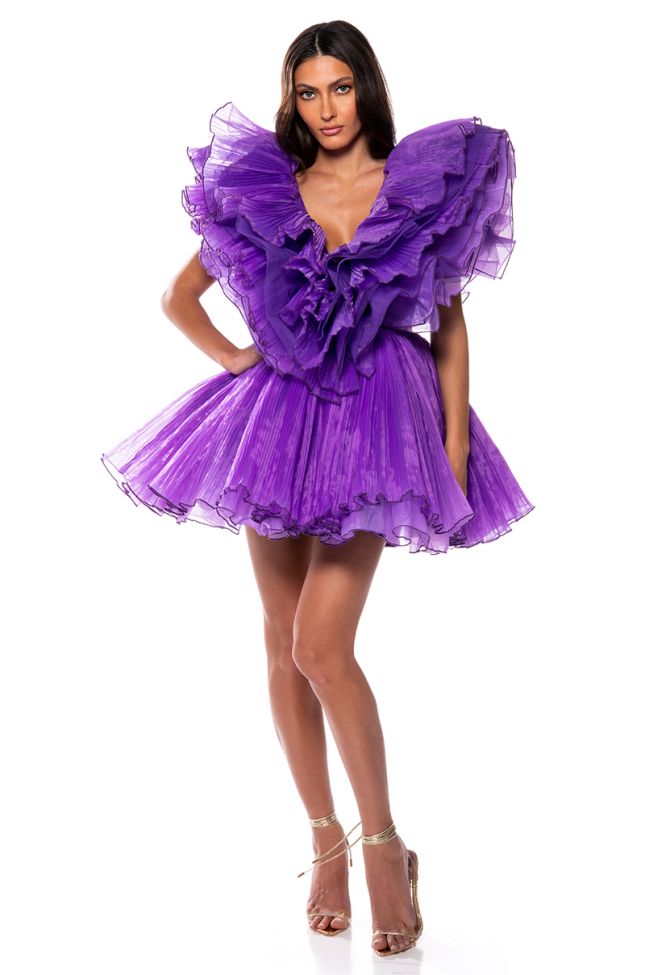 EVER AFTER RUFFLE SLEEVE PLEATED A LINE MINI DRESS IN PURPLE