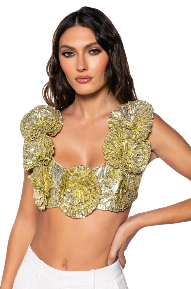Front View Every Rose Sequin Crop Top In Gold