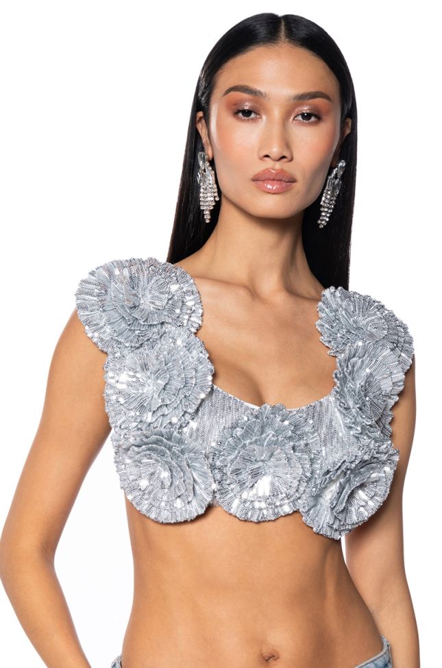 Extra View Every Rose Sequin Crop Top In Silver