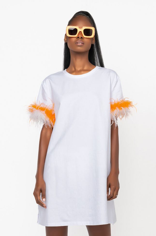 Front View Everything My Way T Shirt Dress With Feather Detail Sleeves in White