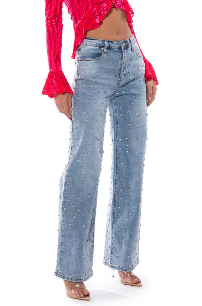 Front View Everytime Rhinestone Embellished Straight Leg Jeans
