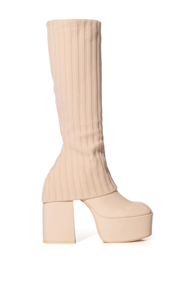 Side View Exactly Sis Knit Fold Over Chunky Heel Platform Boot In Nude