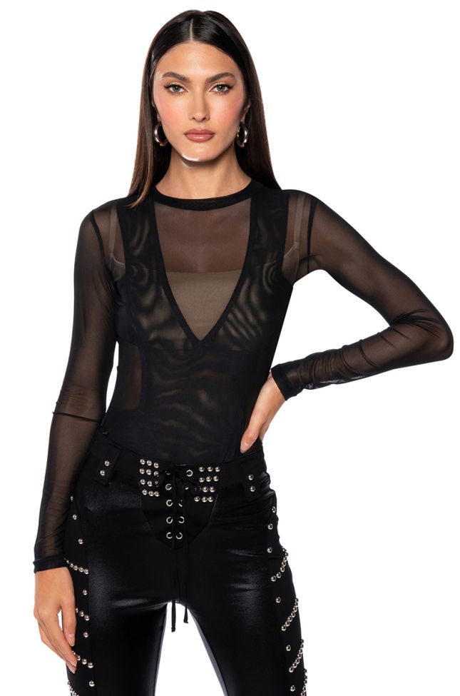 Front View Exposed Long Sleeve Mesh Bodysuit