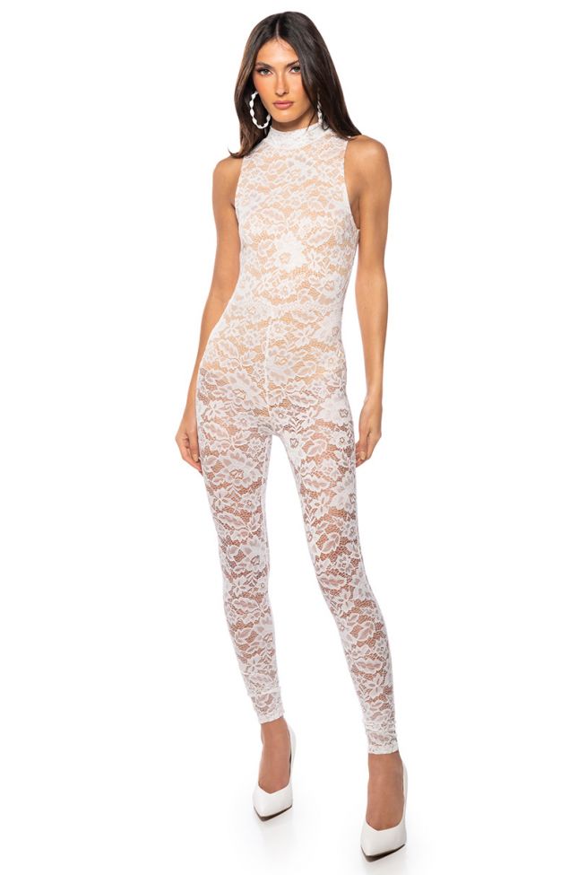 Front View Express Yourself Mock Neck Lace Sleeveless Jumpsuit