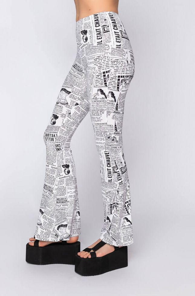 Side View Extra Extra Newsprint Flare Pants in Black White