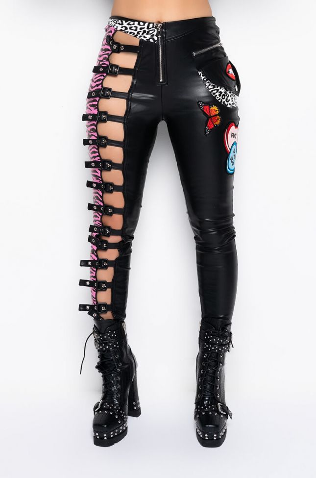 Back View Extracurricular Activities Patch Buckle Detail Faux Leather Pant