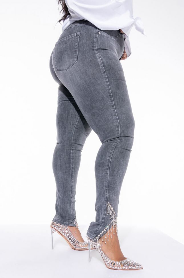Front View Extreme Stretch High Rise Skinny Jeans Rhinestone