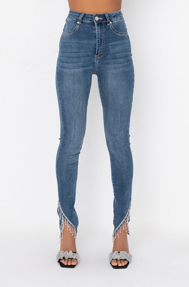 Extra View Flex Fit Extreme Stretch High Rise Skinny Jeans With Rhinestone Ankle Detailing