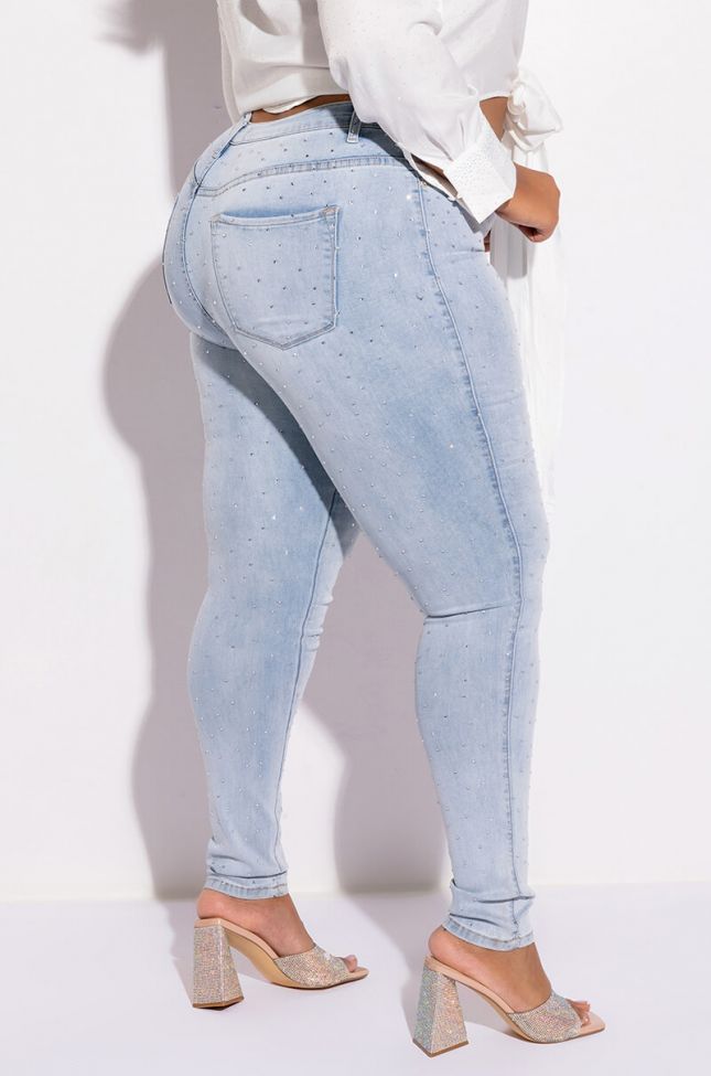 Side View Extreme Stretch High Waisted Skinny Jeans With Rhinestones