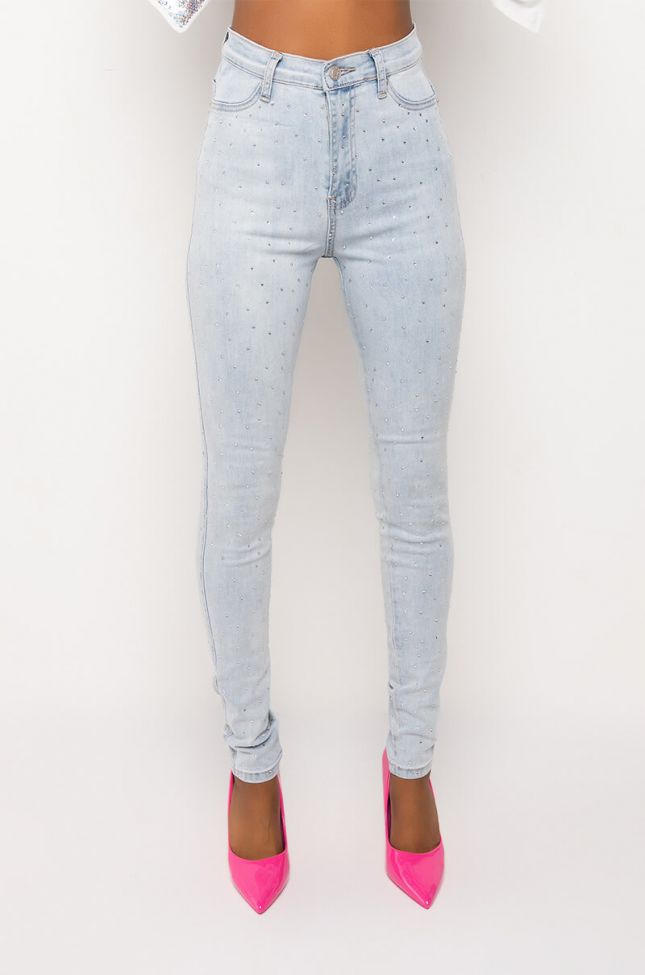 Back View Extreme Stretch High Waisted Skinny Jeans With Rhinestones
